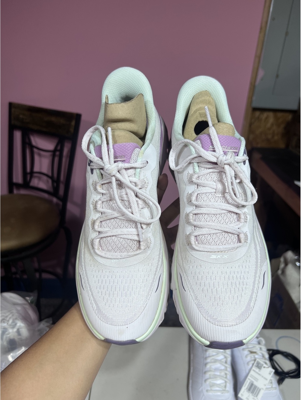 Skechers Women's White and Lavender Athletic Sneakers with Unique Sole Design